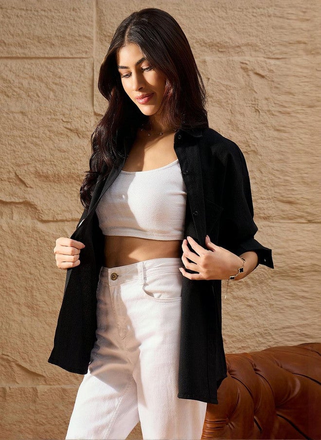 CHIMPAAANZEE Women Oversized Fit Solid Spread Collar Casual Shirt - Image 4